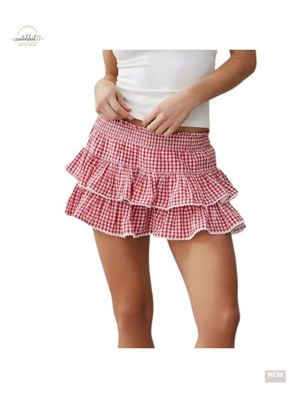 Plaid Tiered Mini Skirt Low Waist Lace Trim Gingham Pleated Party